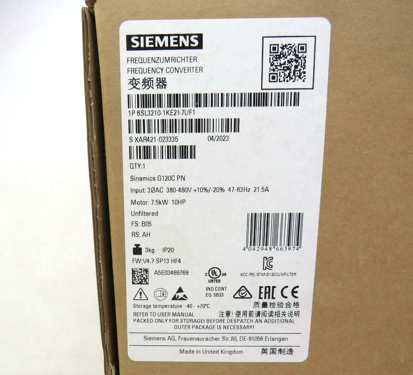 SIEMENS 6SL3210-1KE21-7UF1 New