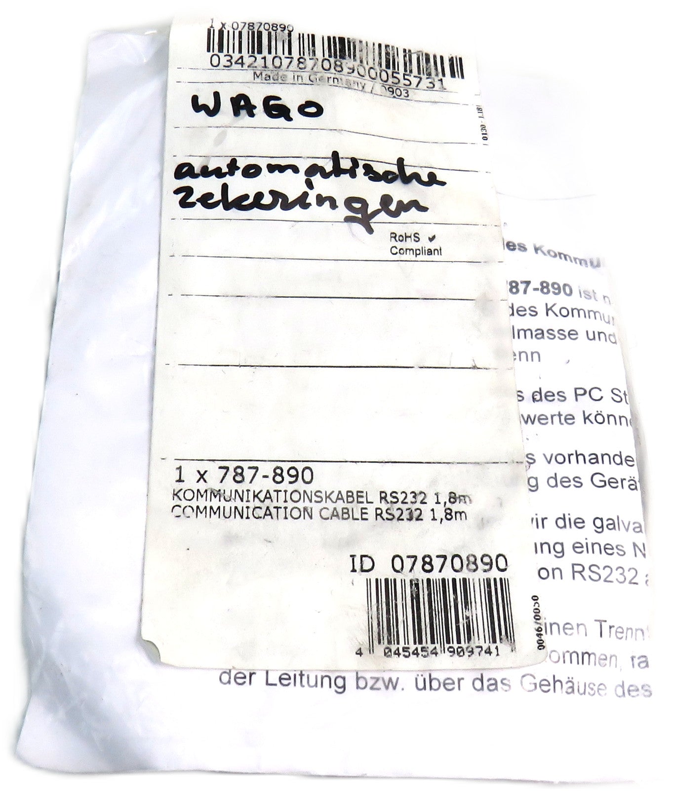 WAGO 787-890 RS232 RS 232 1,8m CABLE New
