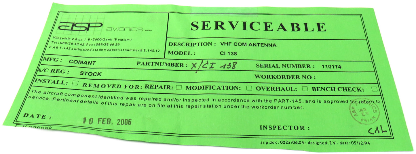 COMANT CI 138 VHF Comm 118-137 MHZ ANTENNA New