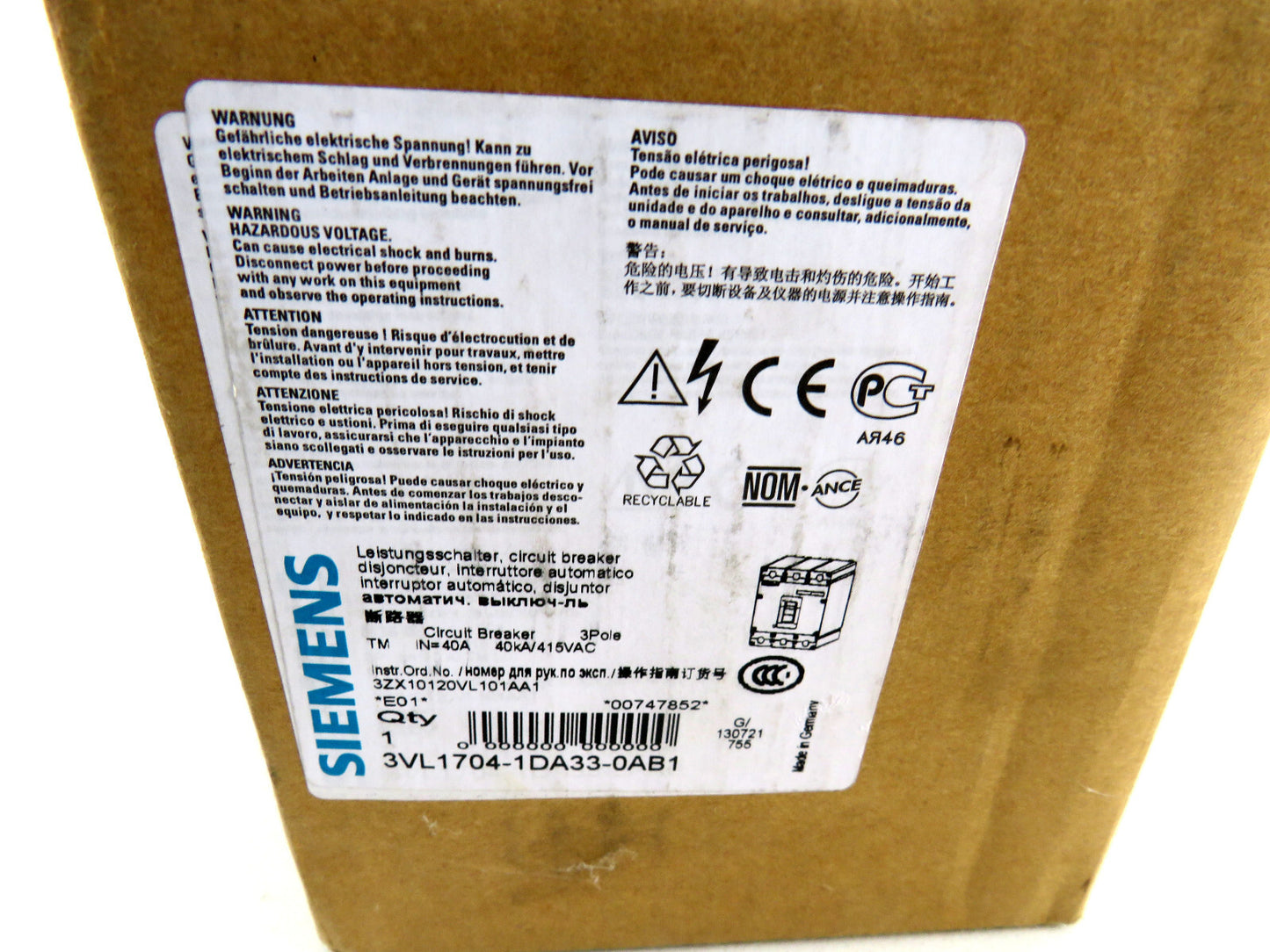 SIEMENS 3VL1704-1DA33-0AB1 VL160X CIRCUIT BREAKER New