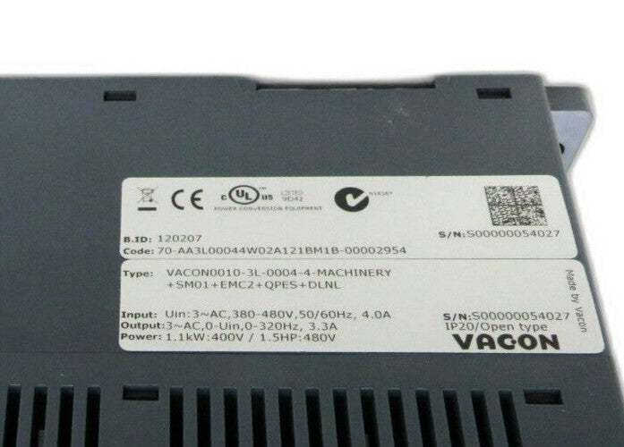 VACON VACON0010-3L-0004-4-MACHINERY 10 1.1kW / 400V / New