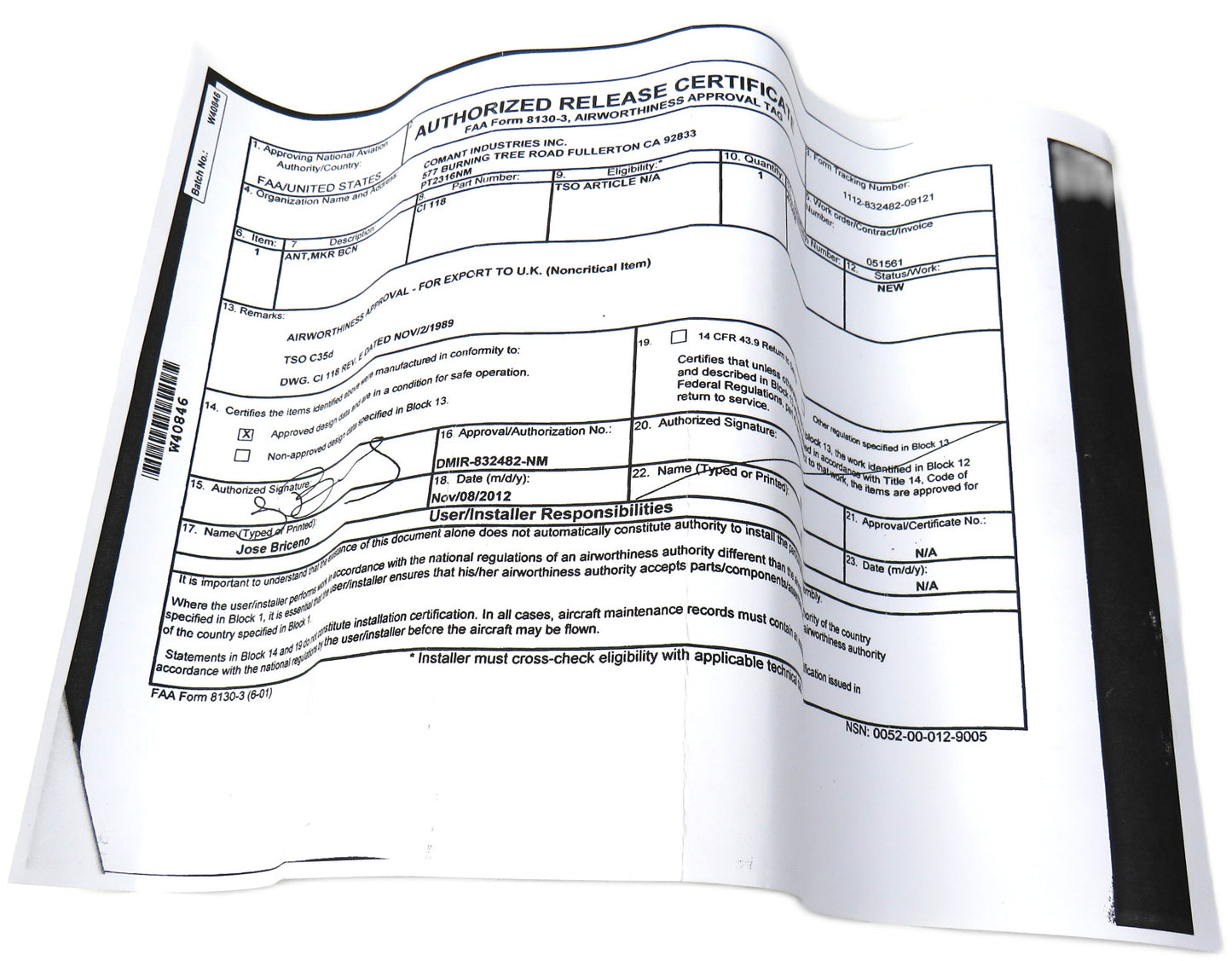 COMANT CI 118 Marker Beacon Antenna New