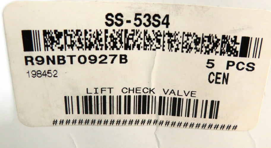 Swagelok SS-53S4 Stainless Steel Lift Check Valve 0.30 Cv 1/4 New