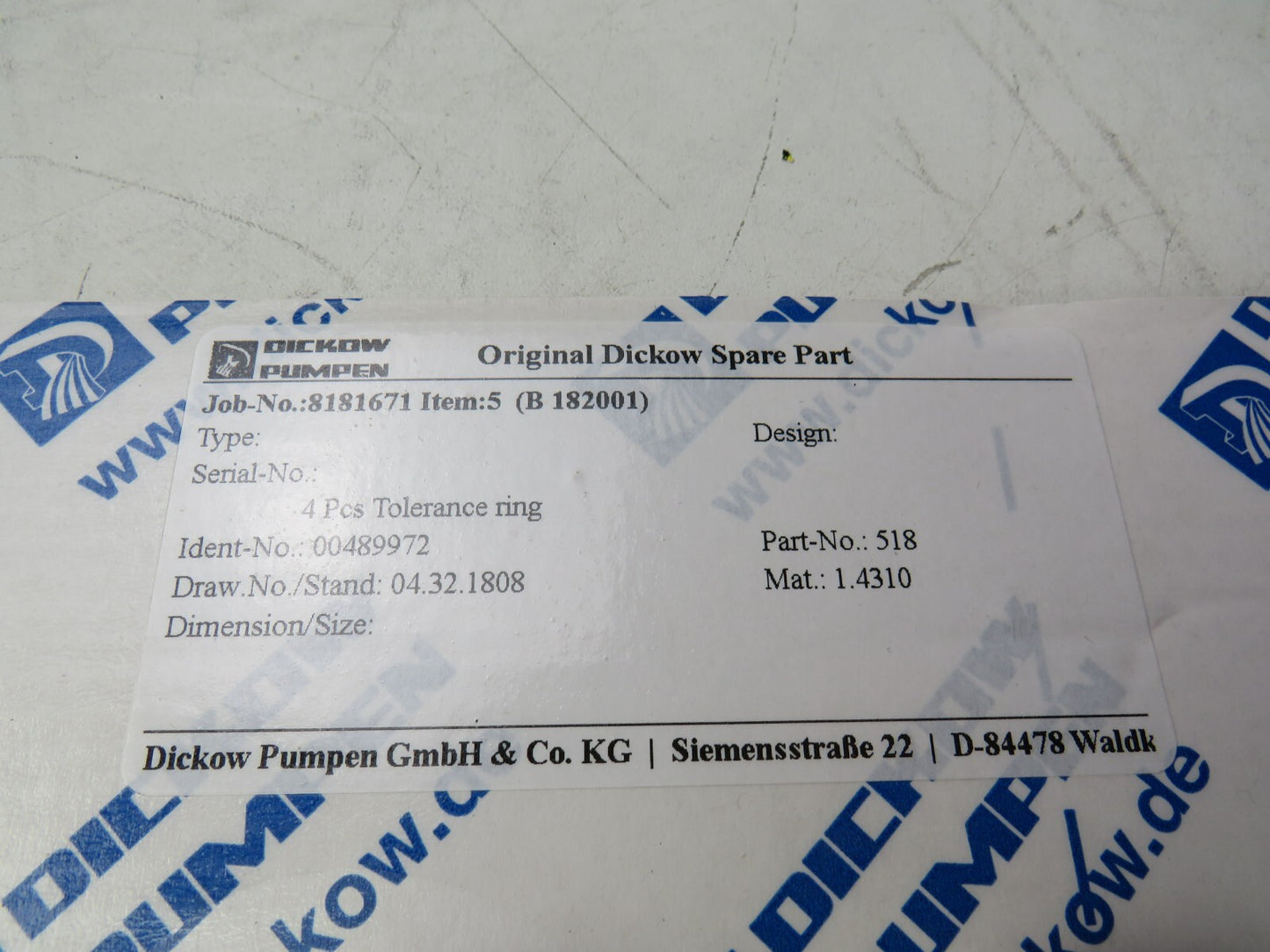 DICKOW PUMPEN 00489972 4 PCS TOLERANCE RING New