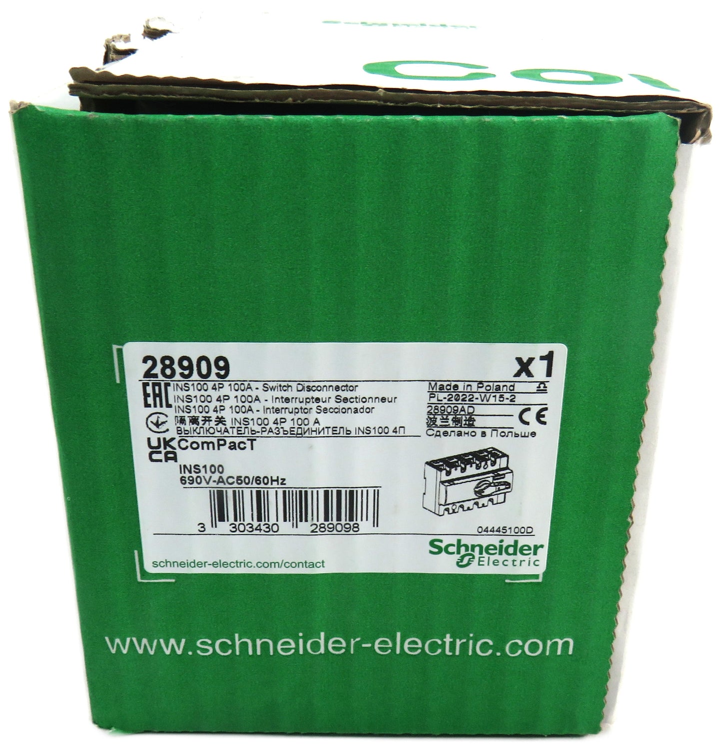 SCHNEIDER ELECTRIC 28909 INS100 4P 100A Switch Disconnector New