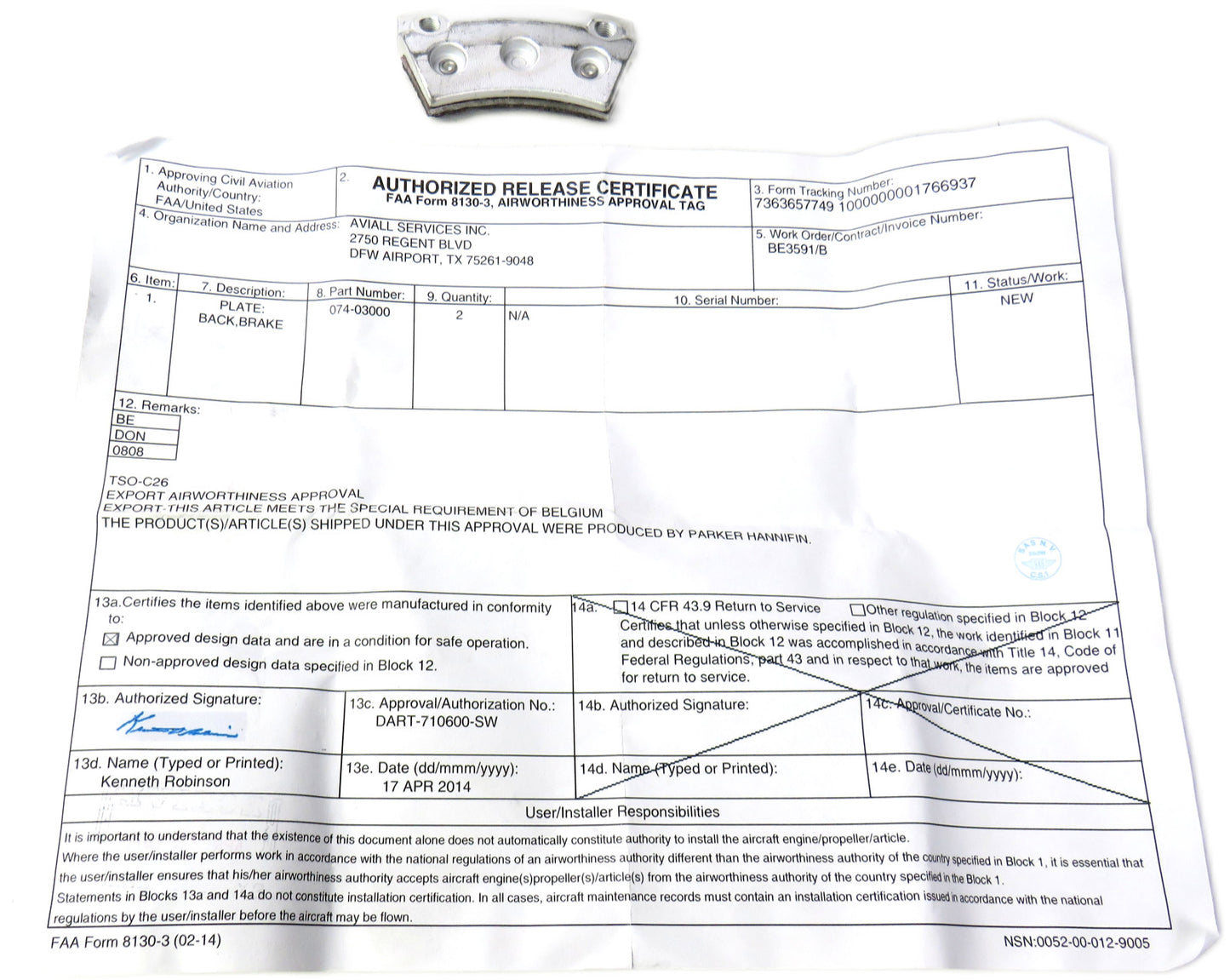 CLEVELAND  074-03000 PLATE BACK ASSY ASSEMBLY     New