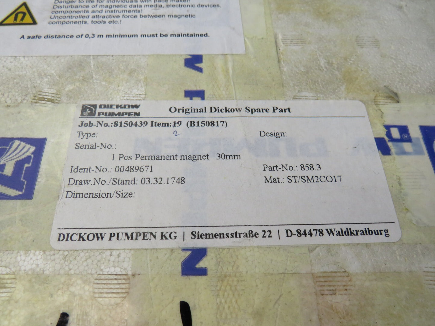DICKOW PUMPEN 00489671 PERMANENT MAGNET 30MM 858.3 ST/SM2CO17    New