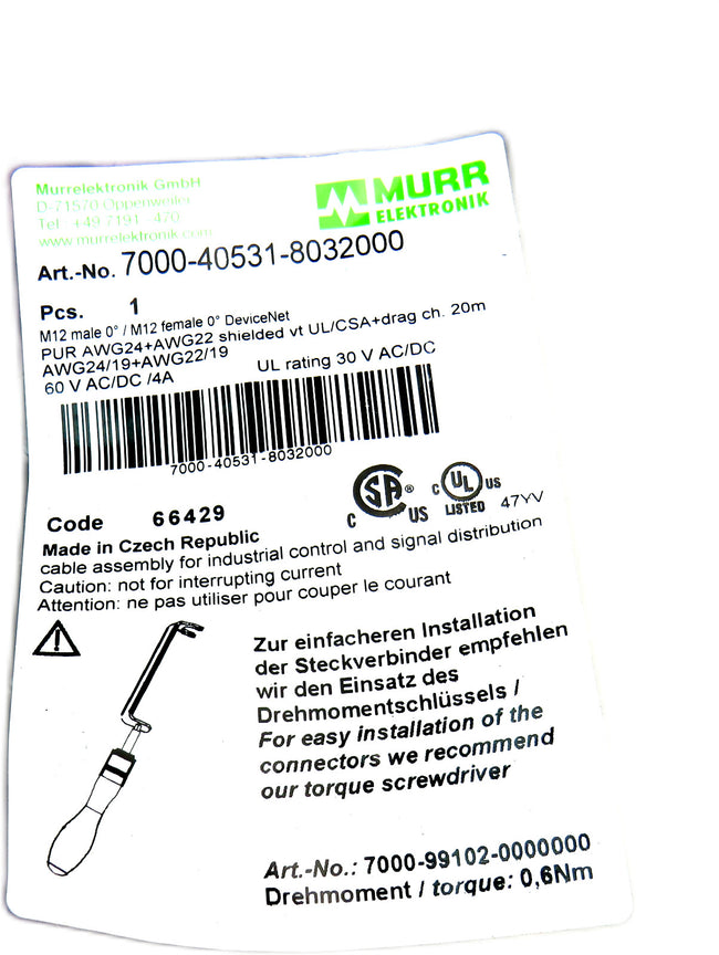 MURR Elektronik 7000-40531-8032000 Cable CAN-Bus M12 Socket/PL    New