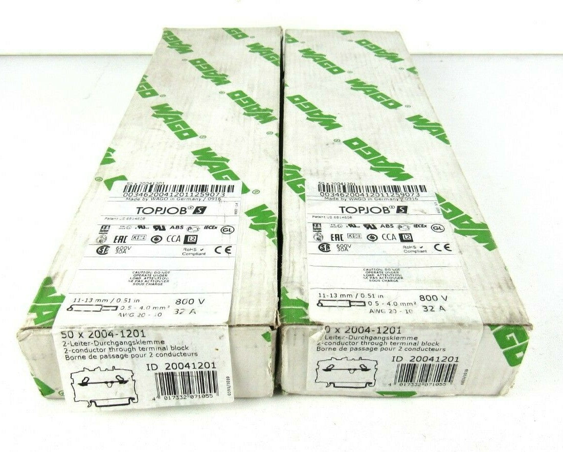 Lot of 100 Pcs New x Wago 2004-1201 Terminal Block, Din Rail, 2Pos, 20-10Awg,
