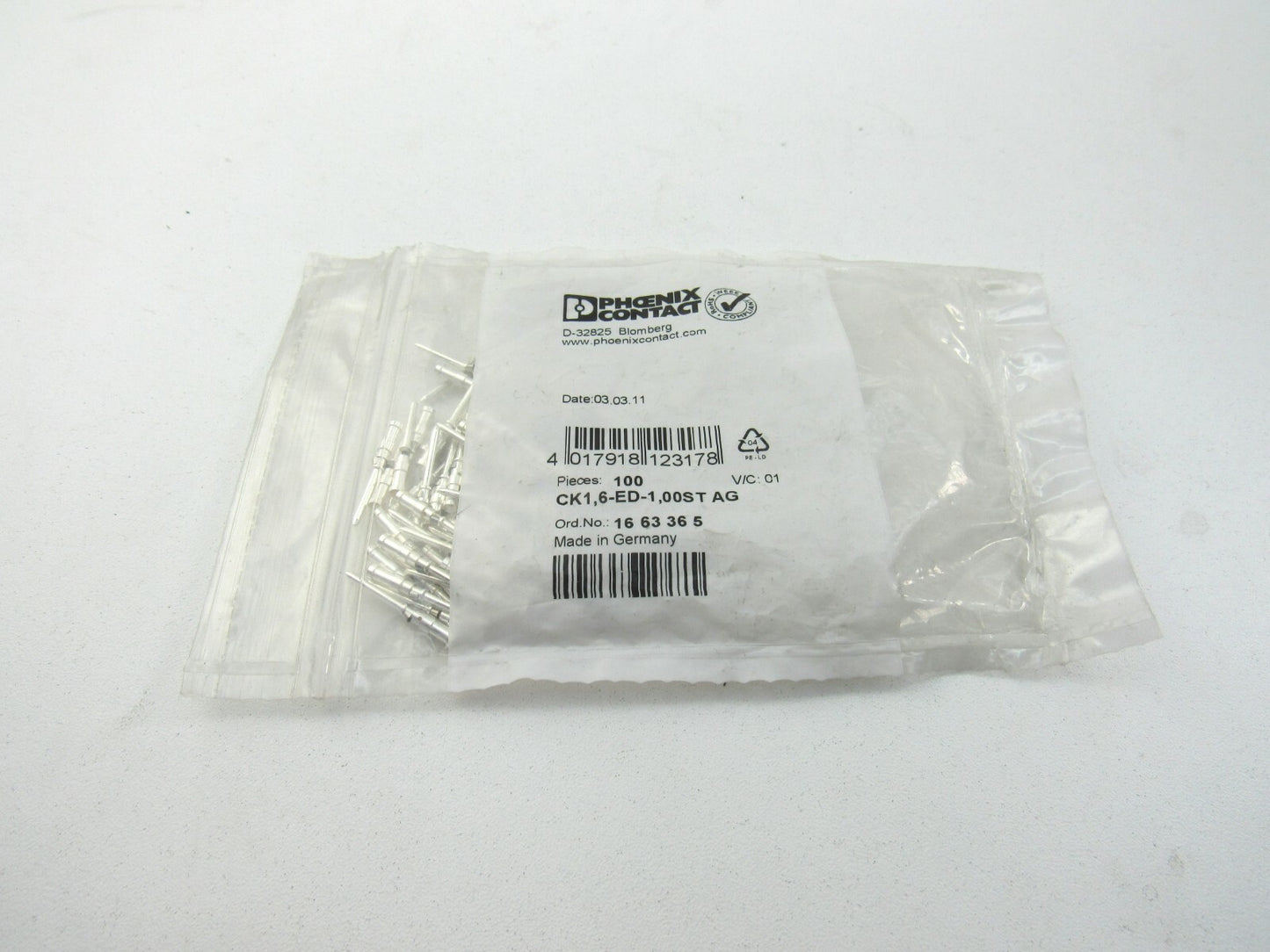 PHOENIX CONTACT 1663365 CK1,6-ED-1,00ST AG Lot of 100 New