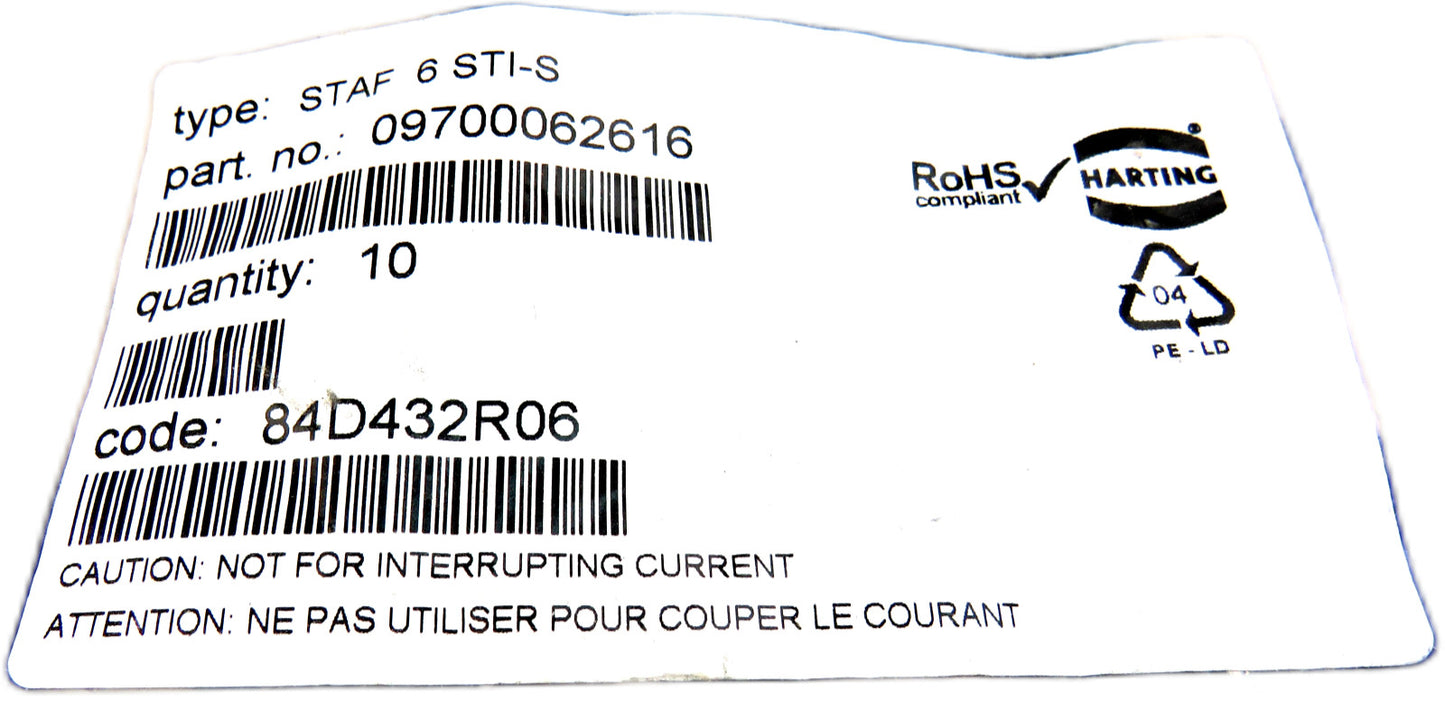 Harting  09700062616 STAF 6 STI-S  Lot of 10 New