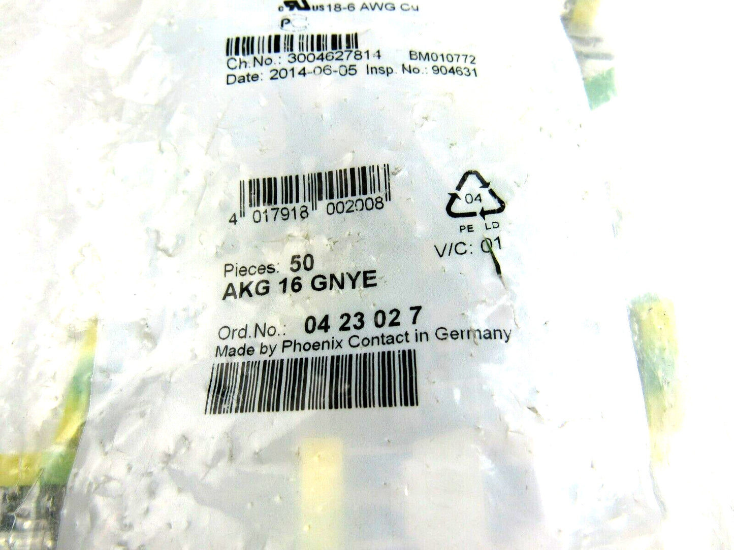 Phoenix Contact  AKG 16 GNYE 0423027  Lot of 50 New