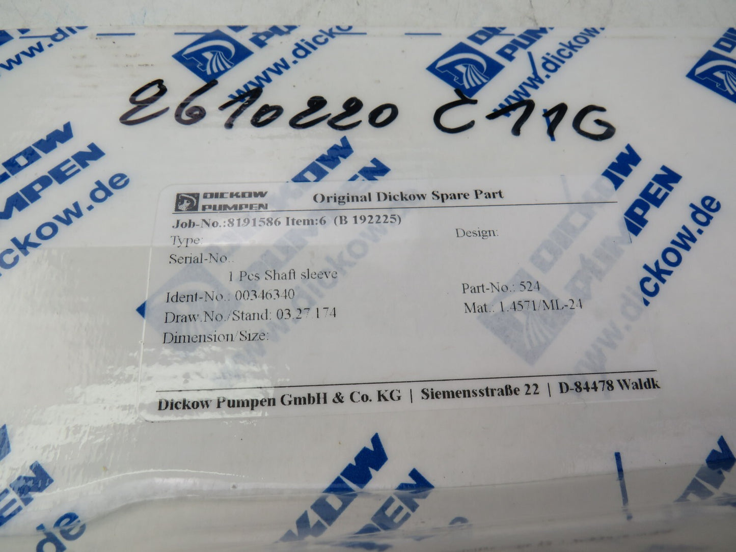 DICKOW PUMPEN 00346340 SHAFT SLEEVE 524 L4571/ML-24    New