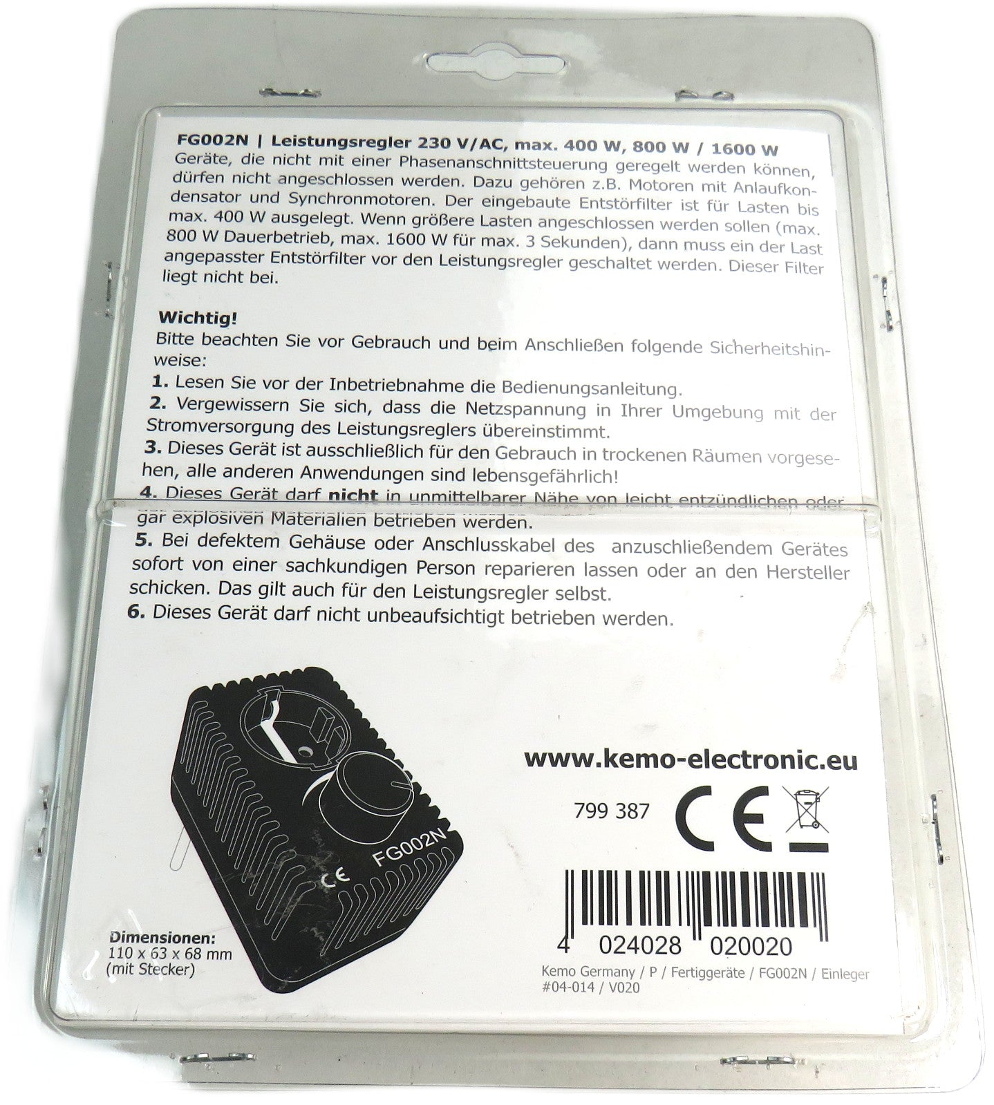 KEMO FG002N Power control 230 V/AC    New