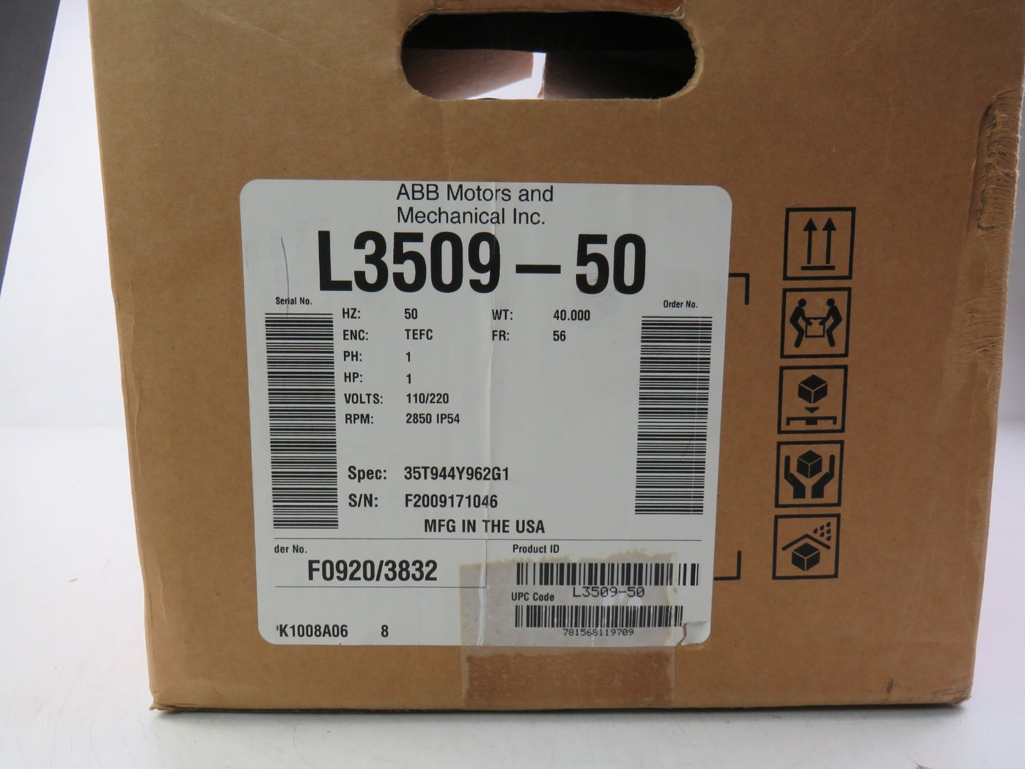 ABB BALDOR   L3509-50  1/.75KW, 2850RPM, 1PH, 50HZ     New