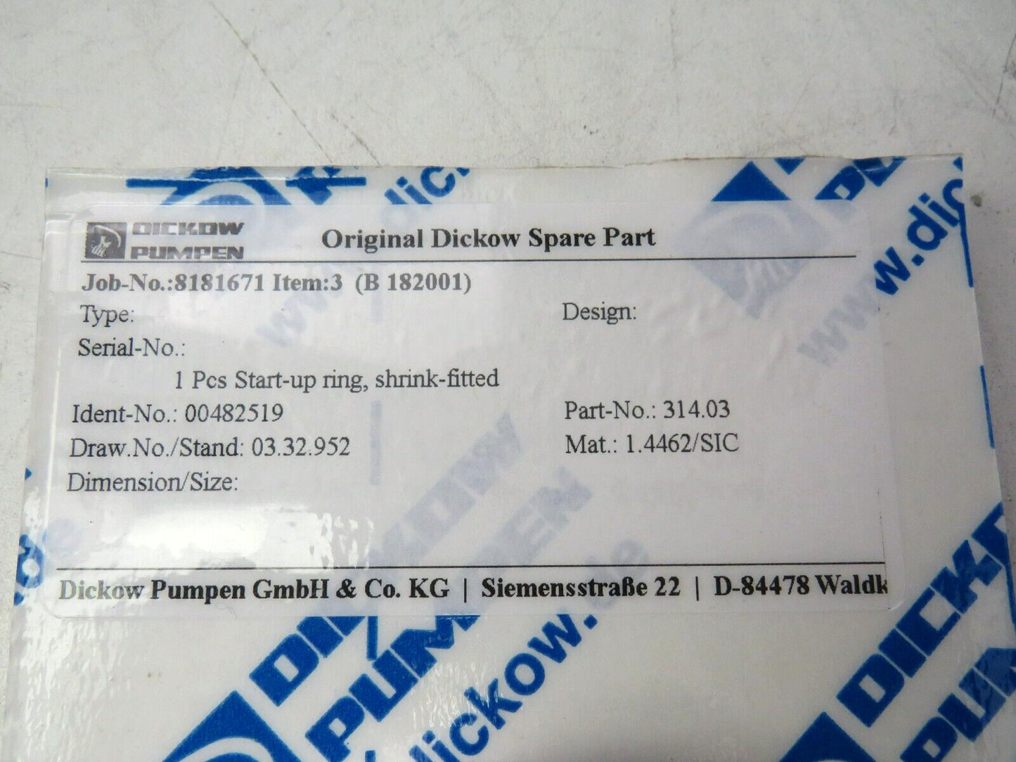 DICKOW PUMPEN 00482519  START-UP RING  SHRINK FITTED  314.03    New