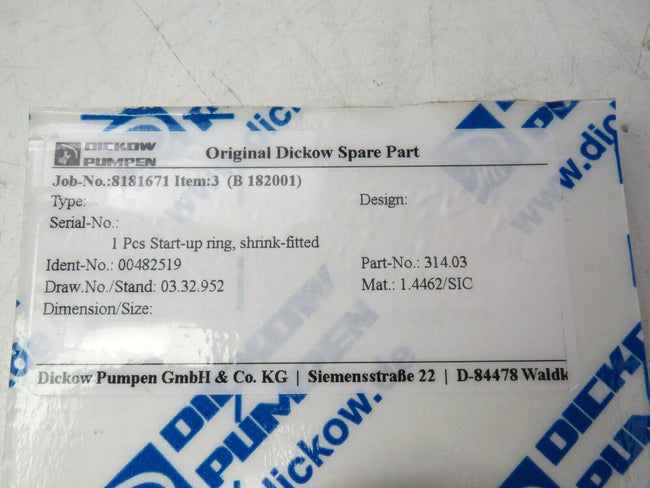 DICKOW PUMPEN 00482519  START-UP RING  SHRINK FITTED  314.03    New