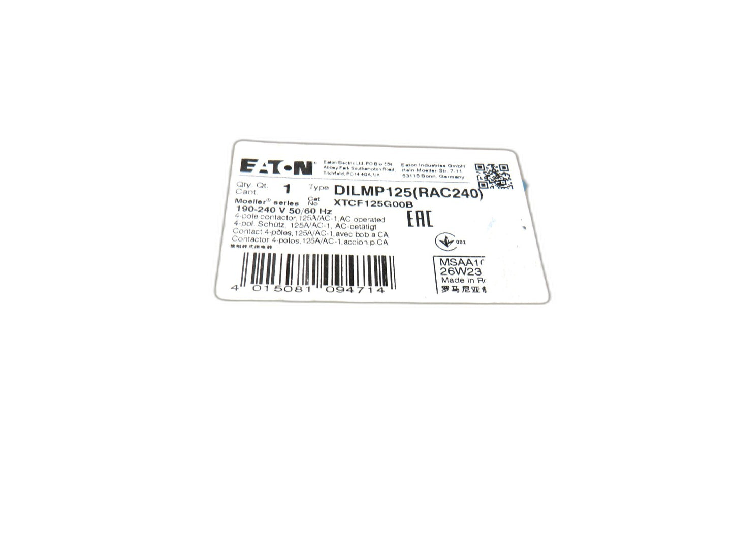 EATON   DILMP125 125A 125 Amp RAC240    New