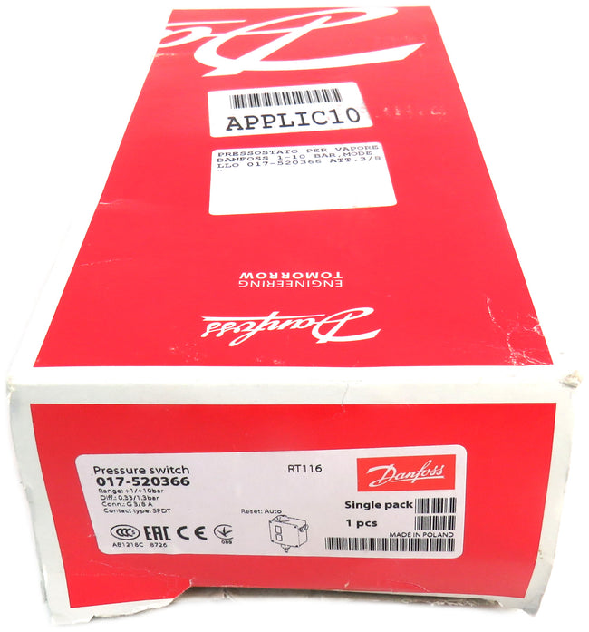 DANFOSS 017-520366 RT116 Pressure Switch 1-10 Bar 017520366     New