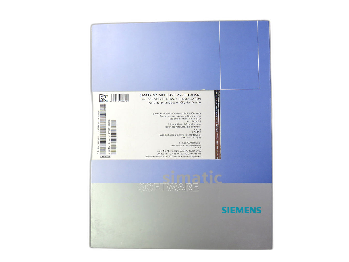 SIEMENS  6ES7870-1AB01-0YA0 SIMATIC S7, MODBUS Slave V3.1 single license    New