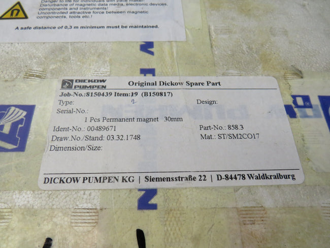 DICKOW PUMPEN 00489671 PERMANENT MAGNET 30MM 858.3 ST/SM2CO17    New