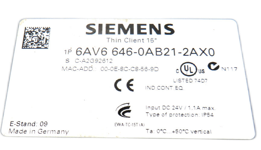SIEMENS 6AV6 646-0AB21-2AX0 Thin Client  touch panel 15"
