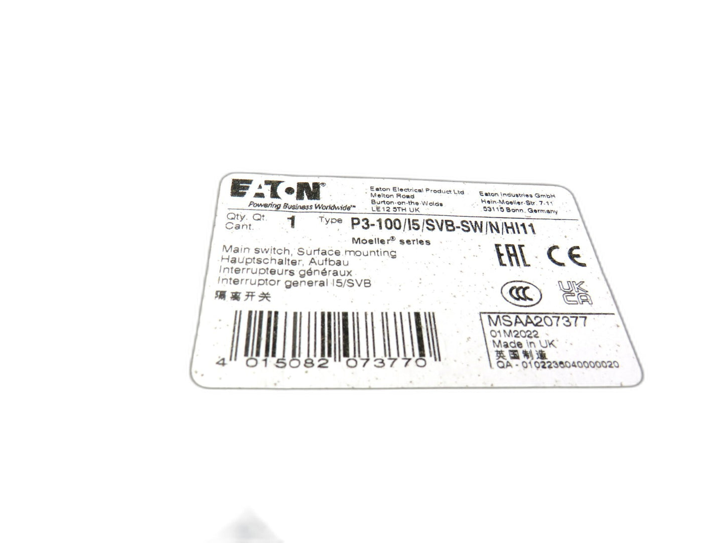 EATON  P3-100/I5/SVB-SW/N/HI11   series P3 Main switch   New