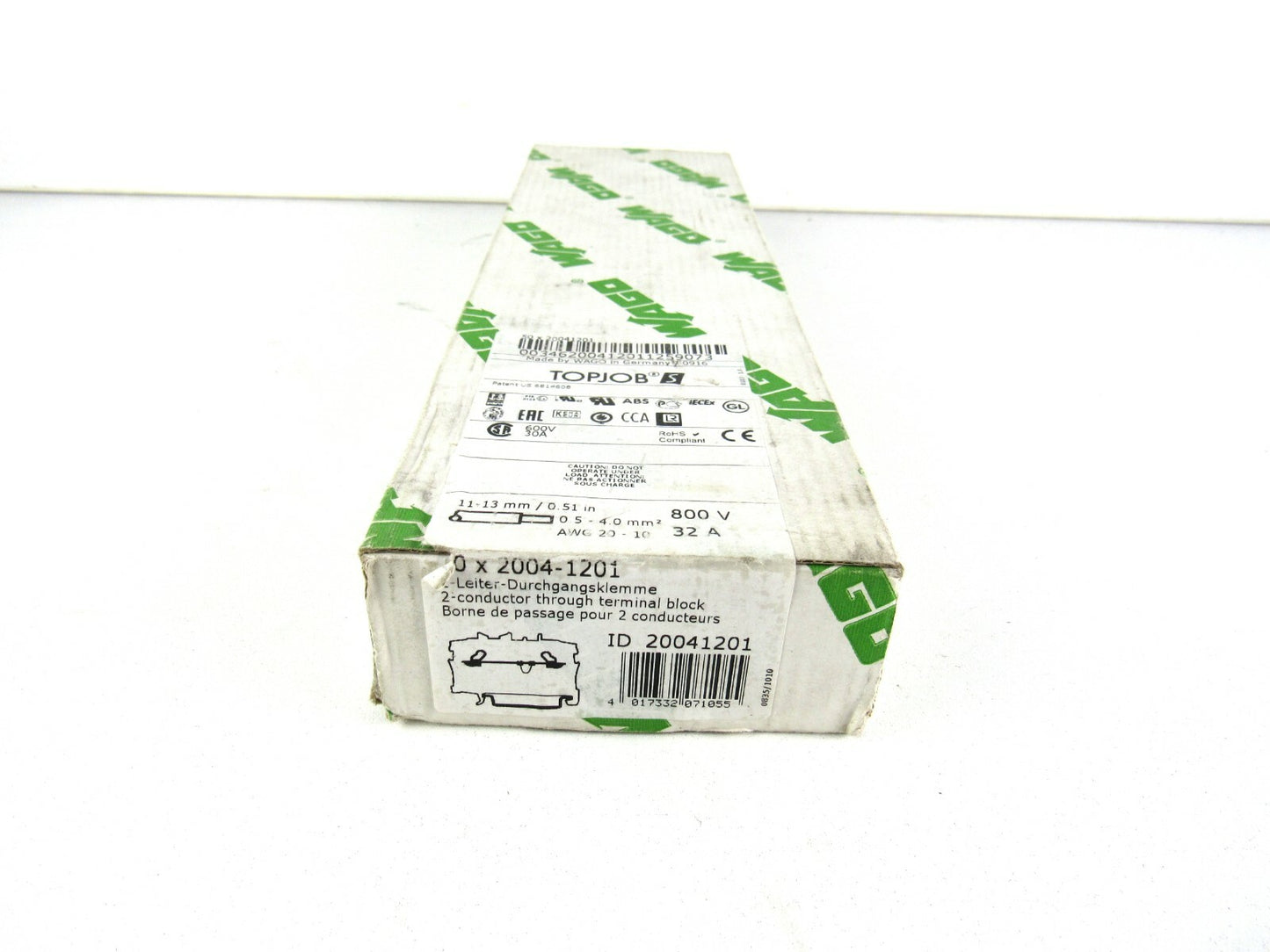 Lot of 100 Pcs New x Wago 2004-1201 Terminal Block, Din Rail, 2Pos, 20-10Awg,